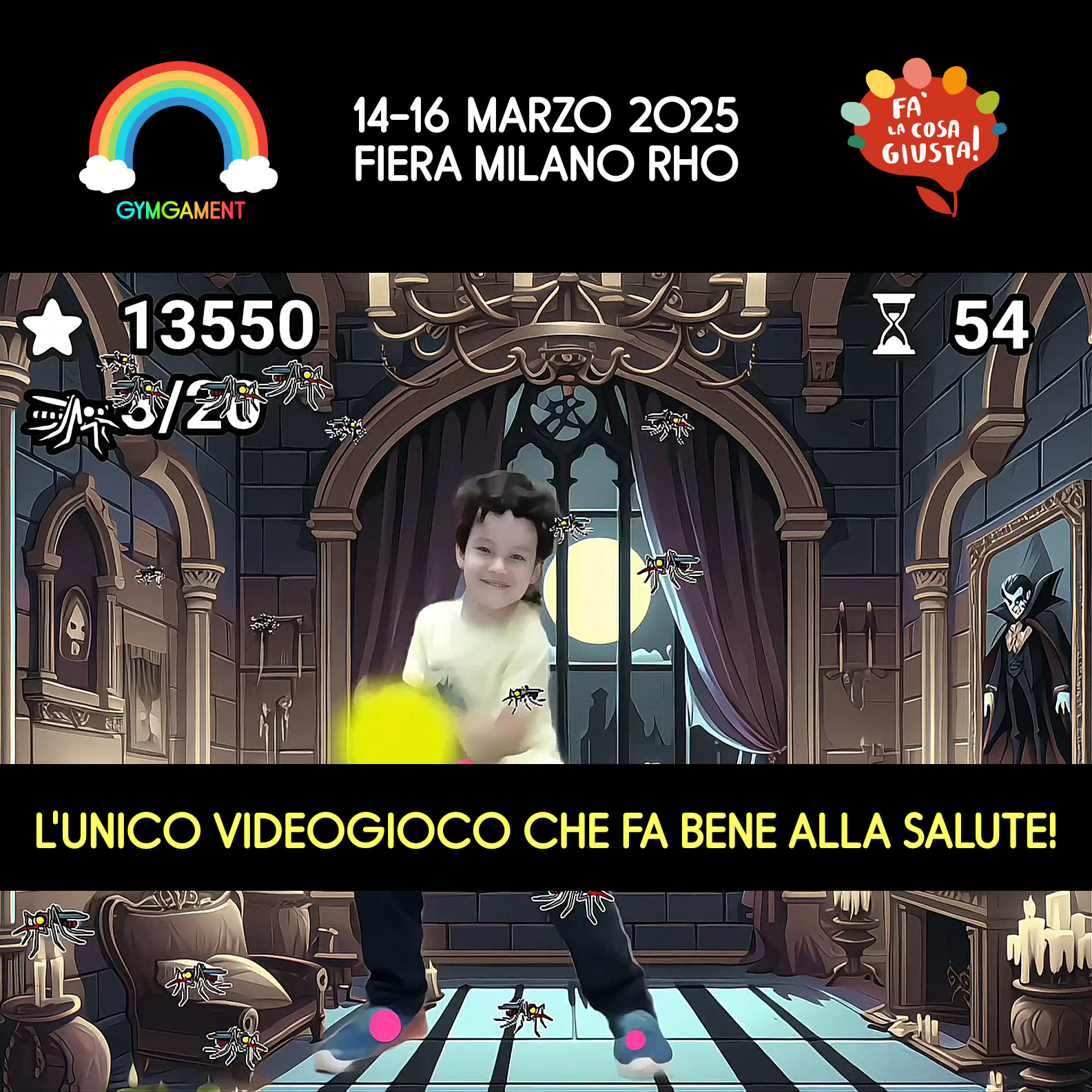 Locandina GynmGamEnt con giocatore in virtualità aumentata dentro al videogioco
